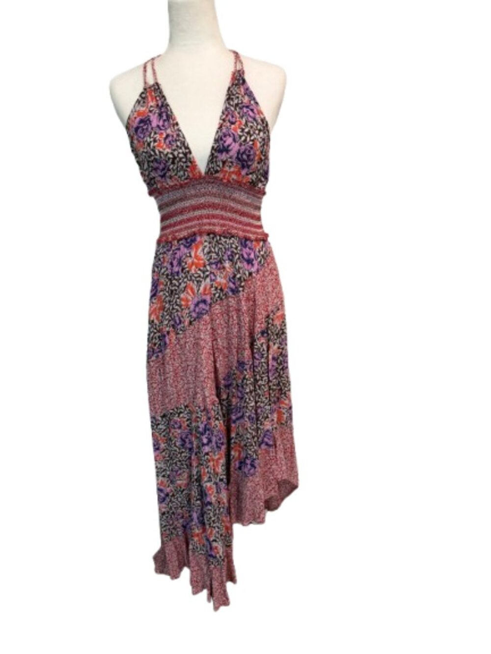 Free People Floral Sleeveless V-Neck Smocked Waist Midi Dress - Pink & Purple